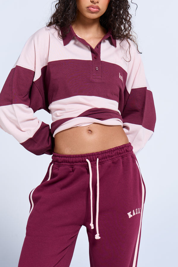 Kaiia Logo Side Stripe Wide Leg Joggers Dark Cherry & Pink