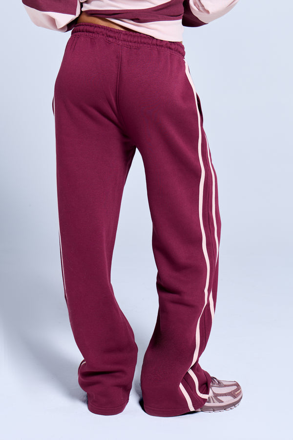 Kaiia Logo Side Stripe Wide Leg Joggers Dark Cherry & Pink