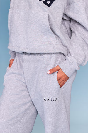 Kaiia Slogan Wide Leg Joggers Mid Grey Marl & Navy