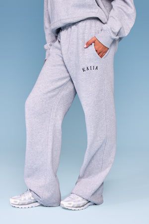 Kaiia Slogan Wide Leg Joggers Mid Grey Marl & Navy