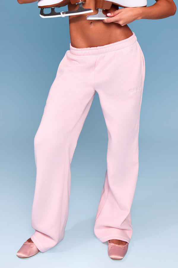 Kaiia Slogan Contrast Stitch Wide Leg Joggers Pink & White