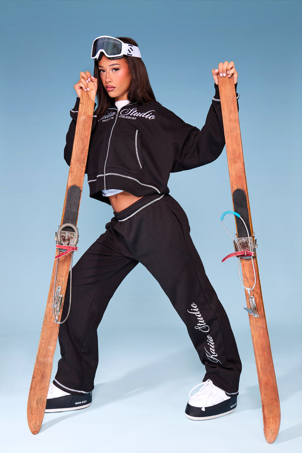 Kaiia Side Slogan Contrast Stitch Wide Leg Joggers Black & White