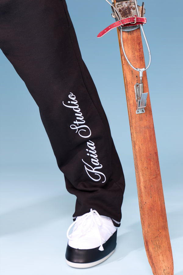 Kaiia Side Slogan Contrast Stitch Wide Leg Joggers Black & White