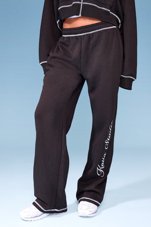 Kaiia Side Slogan Contrast Stitch Wide Leg Joggers Black & White