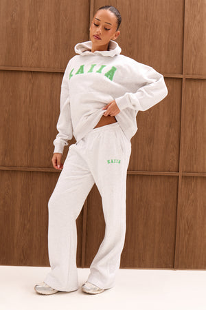 Kaiia Slogan Mid Rise Flared Joggers Light Grey Marl & Spring Green