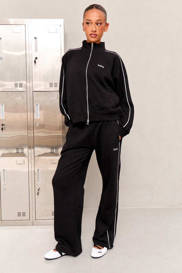 Kaiia Chrome Logo Sport Piping Side Stripe Wide Leg Joggers Black & White
