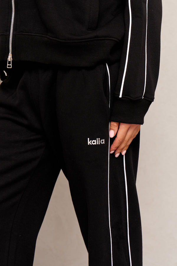 Kaiia Chrome Logo Sport Piping Side Stripe Wide Leg Joggers Black & White