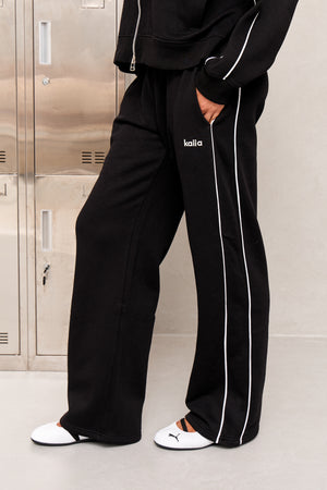 Kaiia Chrome Logo Sport Piping Side Stripe Wide Leg Joggers Black & White