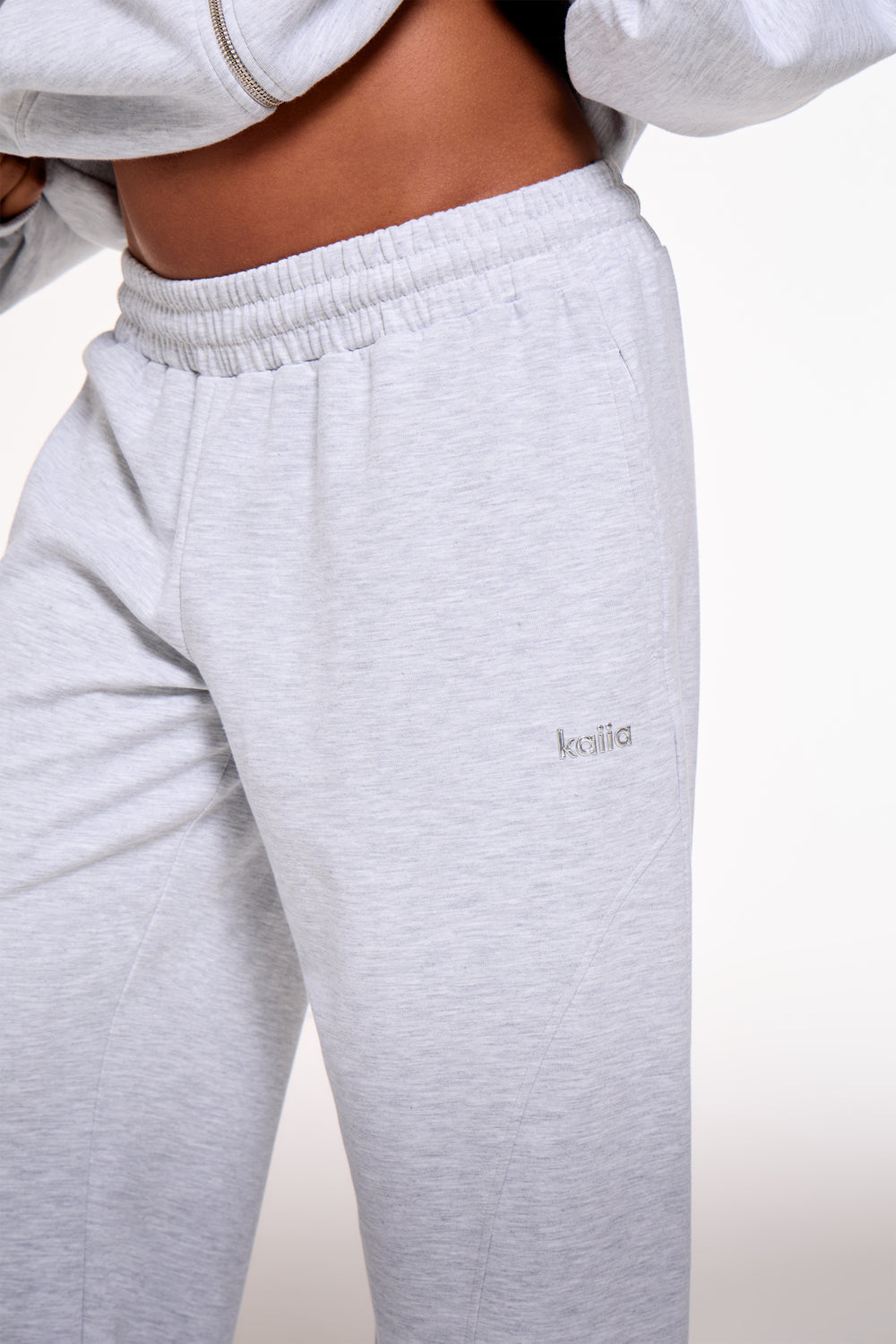 Kaiia Chrome Logo Premium Interlock Pleat Detail Wide Leg Joggers Light Grey Marl