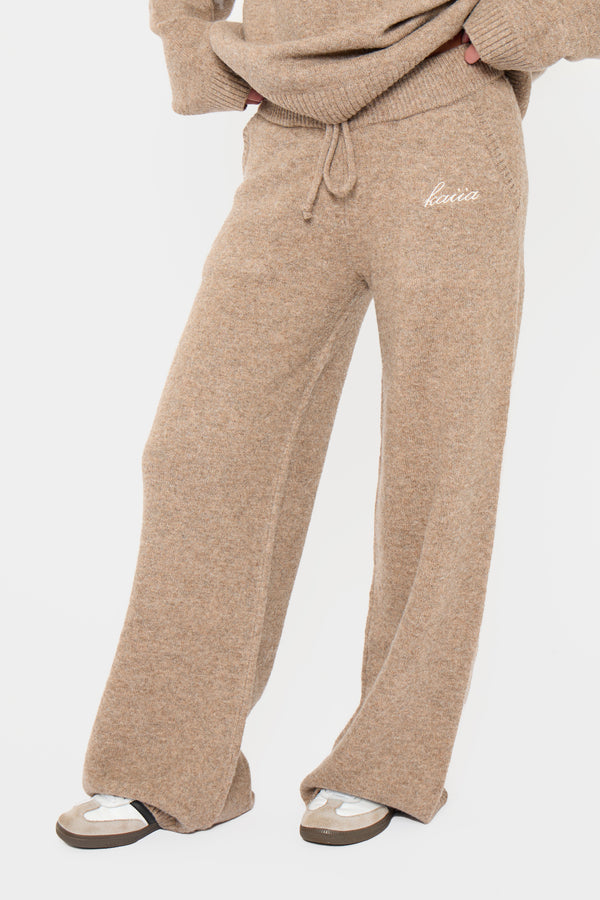 Kaiia Drawstring Wide Leg Trousers Taupe Marl