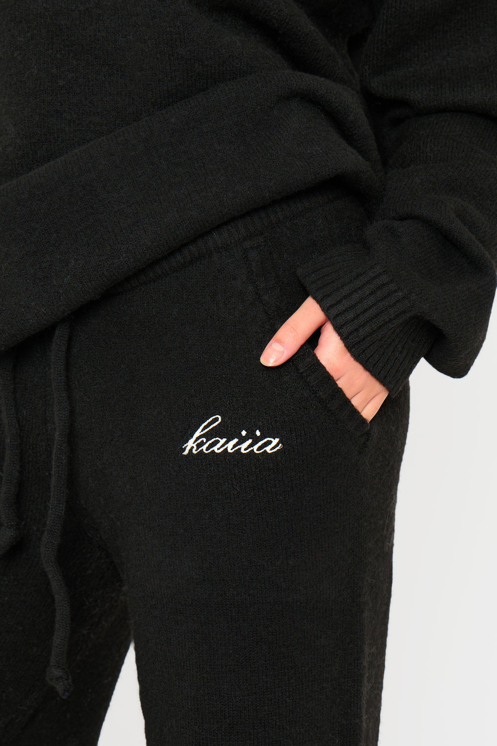 Kaiia Knit Drawstring Wide Leg Trousers Black