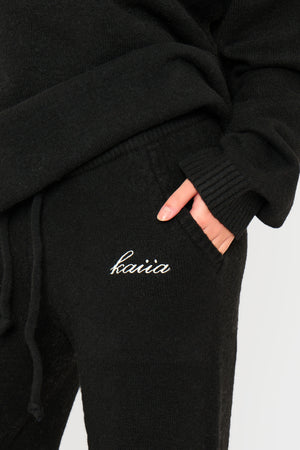 Kaiia Knit Drawstring Wide Leg Trousers Black
