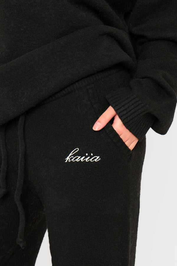 Kaiia Knit Drawstring Wide Leg Trousers Black
