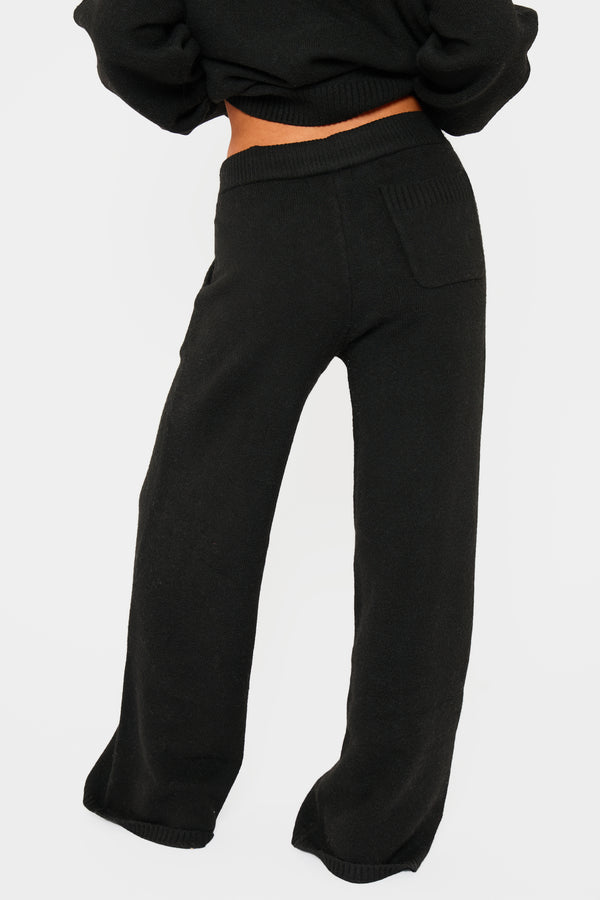 Kaiia Knit Drawstring Wide Leg Trousers Black