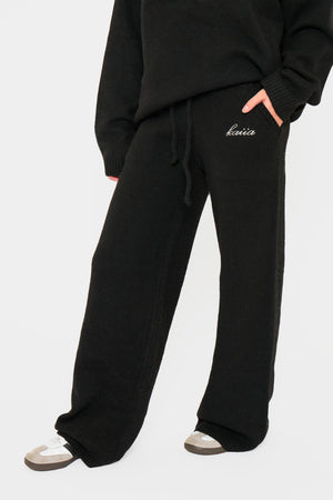 Kaiia Knit Drawstring Wide Leg Trousers Black