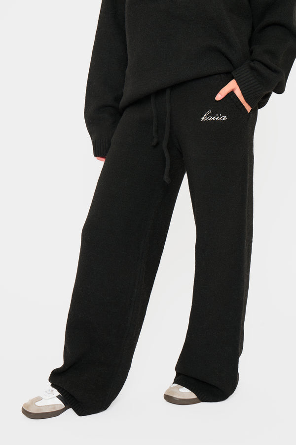 Kaiia Knit Drawstring Wide Leg Trousers Black