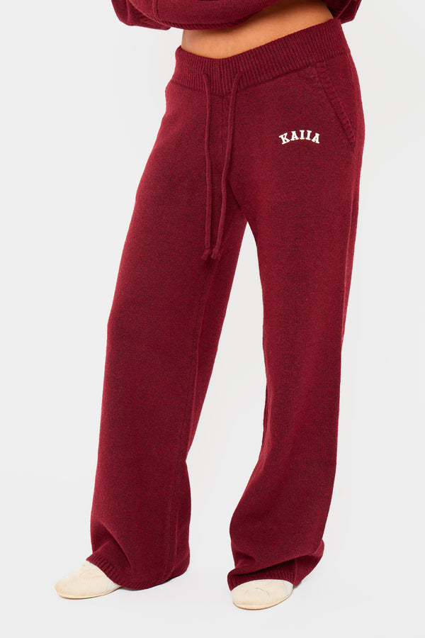 Kaiia Knit Wide Leg Trousers Burgundy