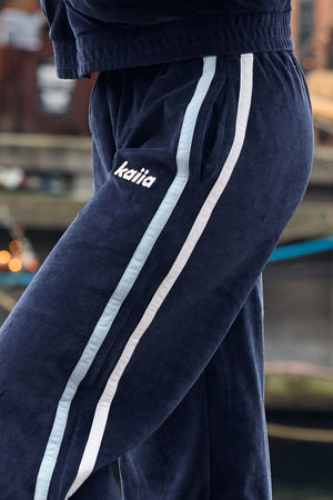 Kaiia Velour Side Stripe Straight Leg Joggers Navy & Baby Blue