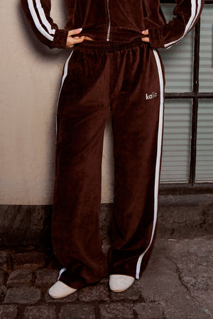 Kaiia Velour Side Stripe Straight Leg Joggers Chocolate & Cream