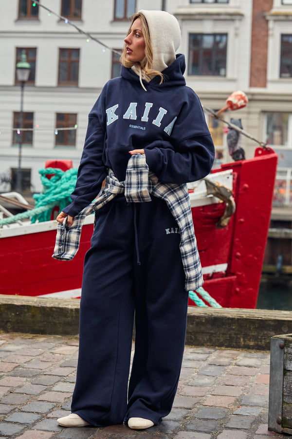 Kaiia Slogan Mid Rise Wide Leg Joggers Navy & Baby Blue
