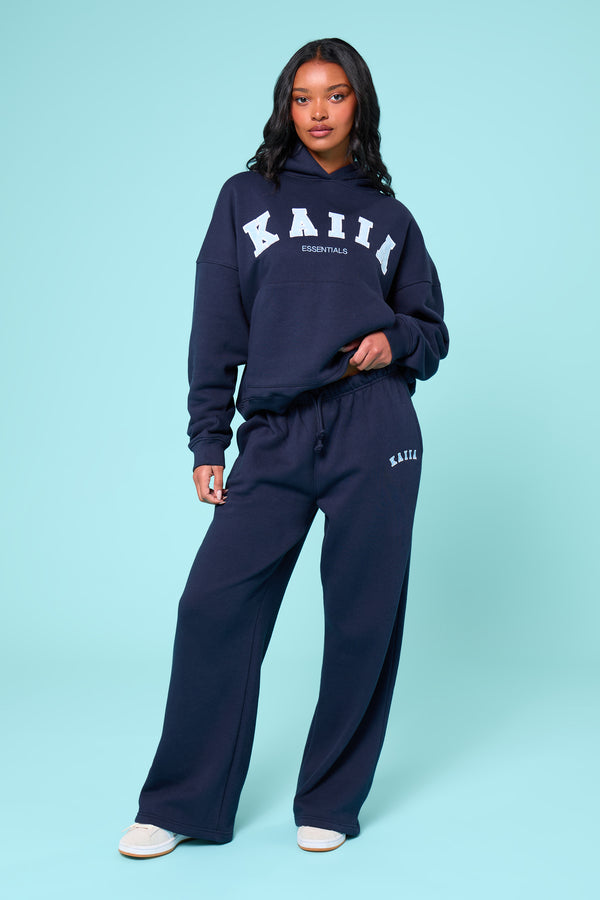 Kaiia Slogan Mid Rise Wide Leg Joggers Navy & Baby Blue