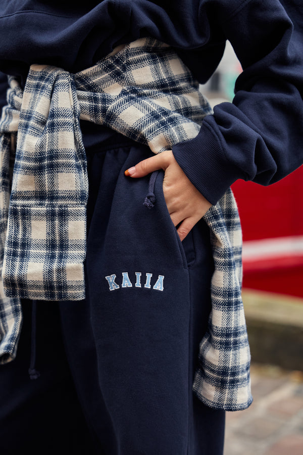 Kaiia Slogan Mid Rise Wide Leg Joggers Navy & Baby Blue
