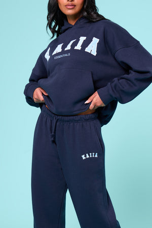 Kaiia Slogan Mid Rise Wide Leg Joggers Navy & Baby Blue