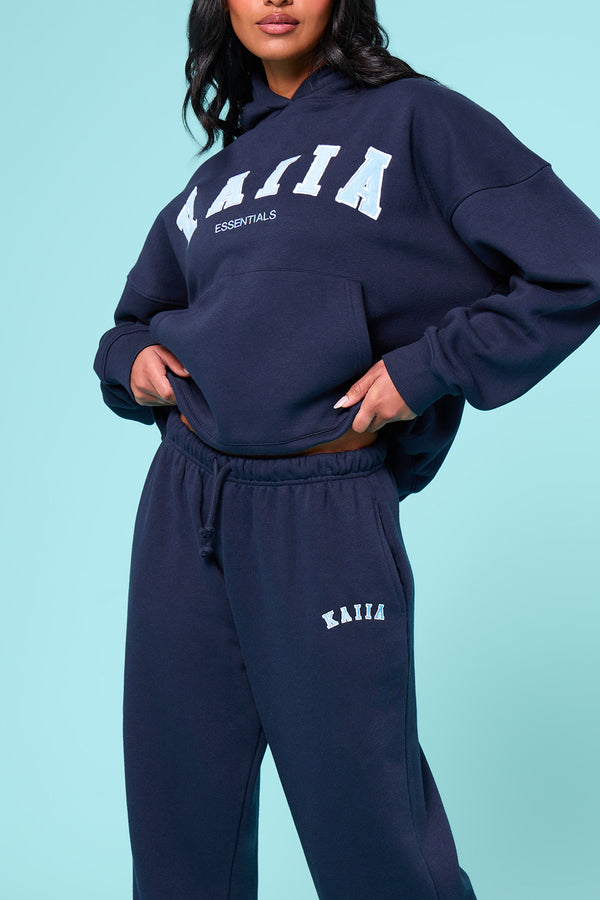 Kaiia Slogan Mid Rise Wide Leg Joggers Navy & Baby Blue