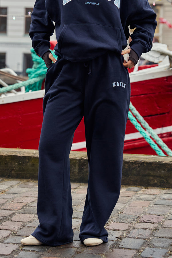 Kaiia Slogan Mid Rise Wide Leg Joggers Navy & Baby Blue
