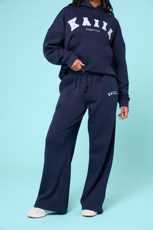 Kaiia Slogan Mid Rise Wide Leg Joggers Navy & Baby Blue