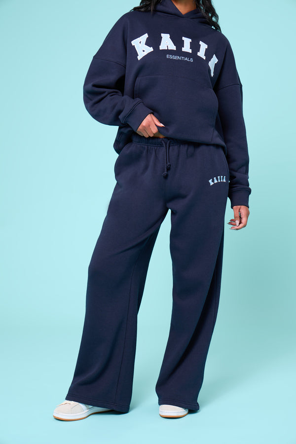Kaiia Slogan Mid Rise Wide Leg Joggers Navy & Baby Blue