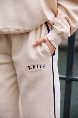 Kaiia Slogan Side Stripe Wide Leg Joggers Cream & Navy