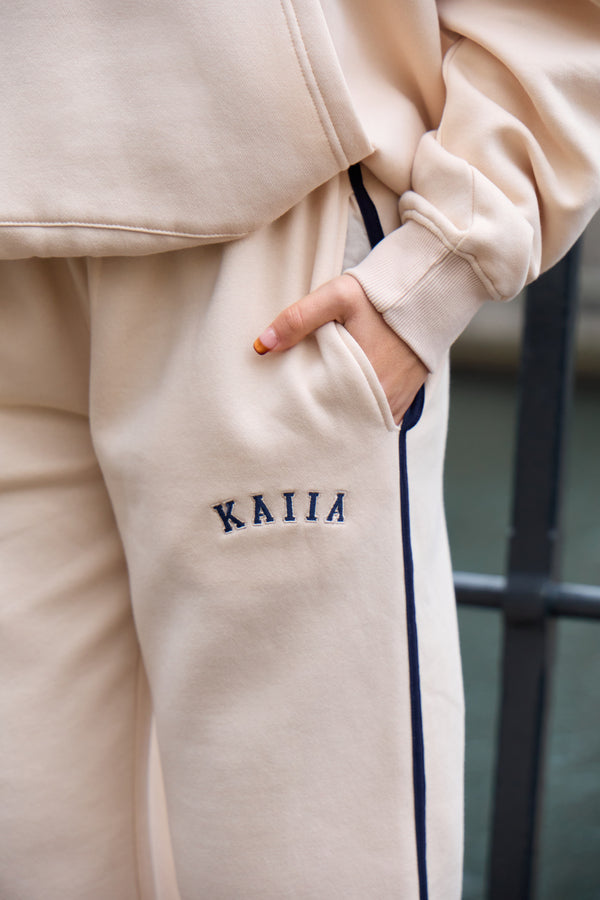 Kaiia Slogan Side Stripe Wide Leg Joggers Cream & Navy