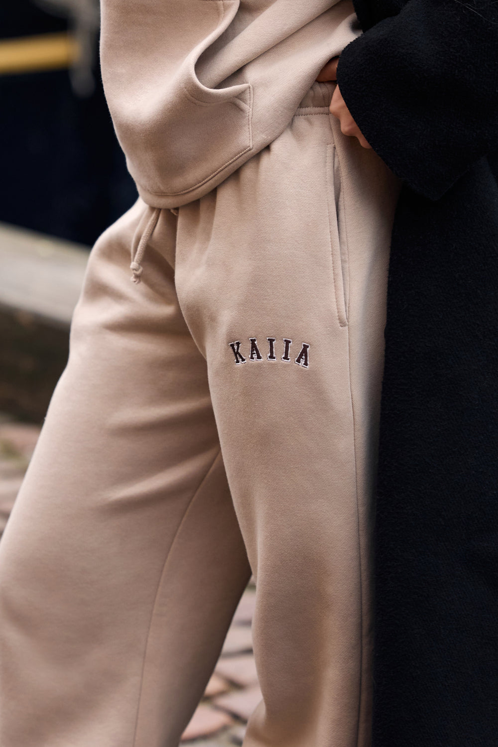Kaiia Slogan Mid Rise Wide Leg Joggers Ash Taupe & Bitter Chocolate