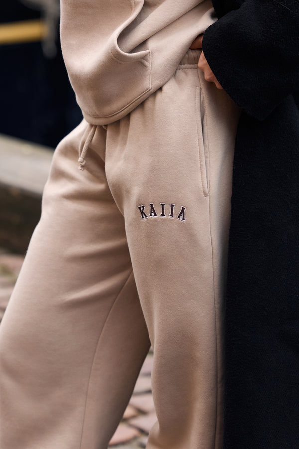 Kaiia Slogan Mid Rise Wide Leg Joggers Ash Taupe & Bitter Chocolate