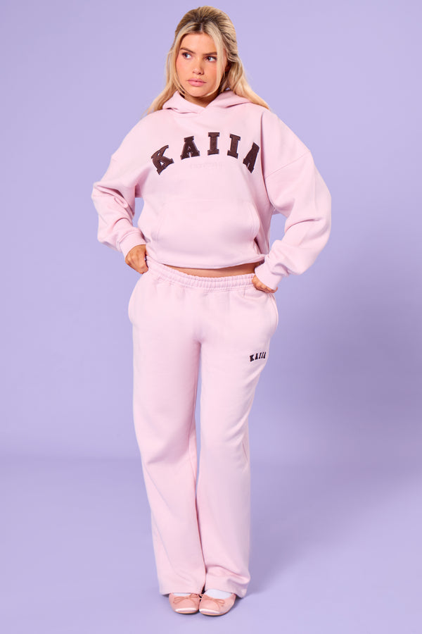 Kaiia Slogan Mid Rise Wide Leg Joggers Pink Chai & Bitter Chocolate