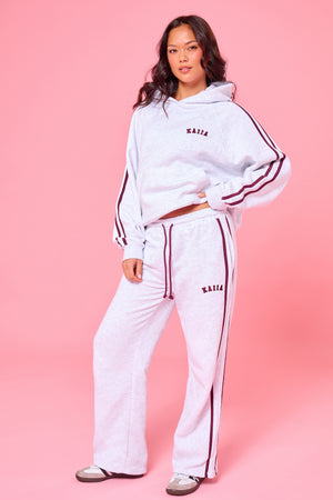 Kaiia Logo Side Stripe Wide Leg Joggers Light Grey Marl & Burgundy