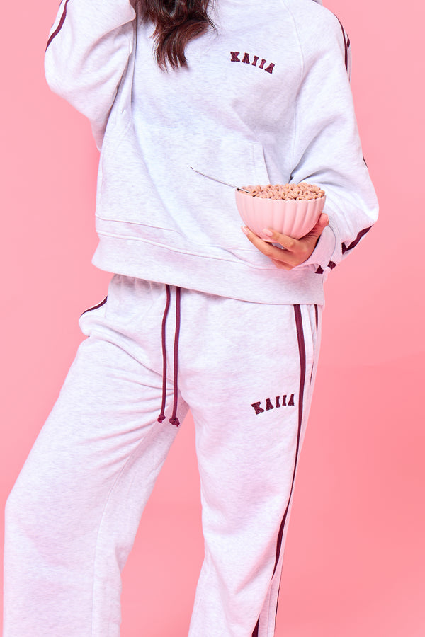 Kaiia Logo Side Stripe Wide Leg Joggers Light Grey Marl & Burgundy