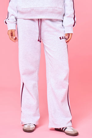 Kaiia Logo Side Stripe Wide Leg Joggers Light Grey Marl & Burgundy