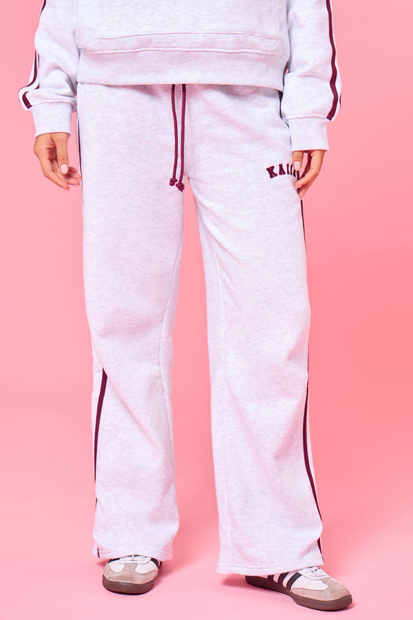 Kaiia Logo Side Stripe Wide Leg Joggers Light Grey Marl & Burgundy