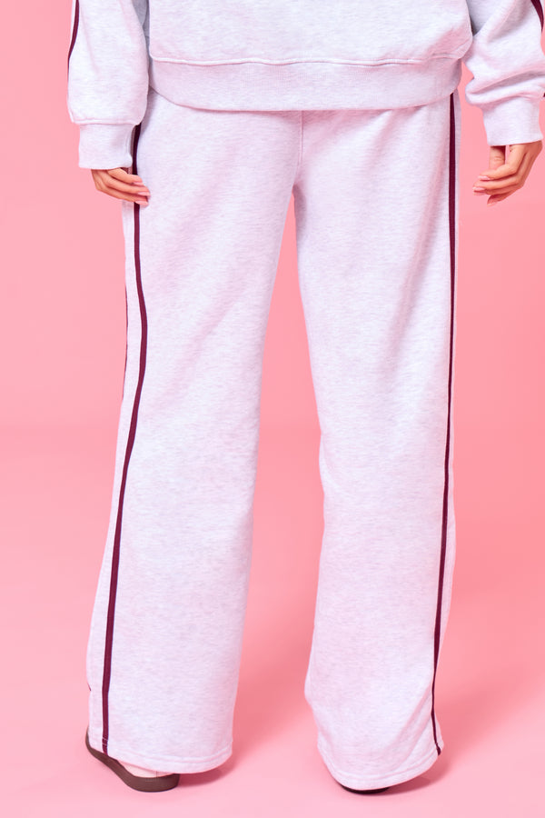 Kaiia Logo Side Stripe Wide Leg Joggers Light Grey Marl & Burgundy