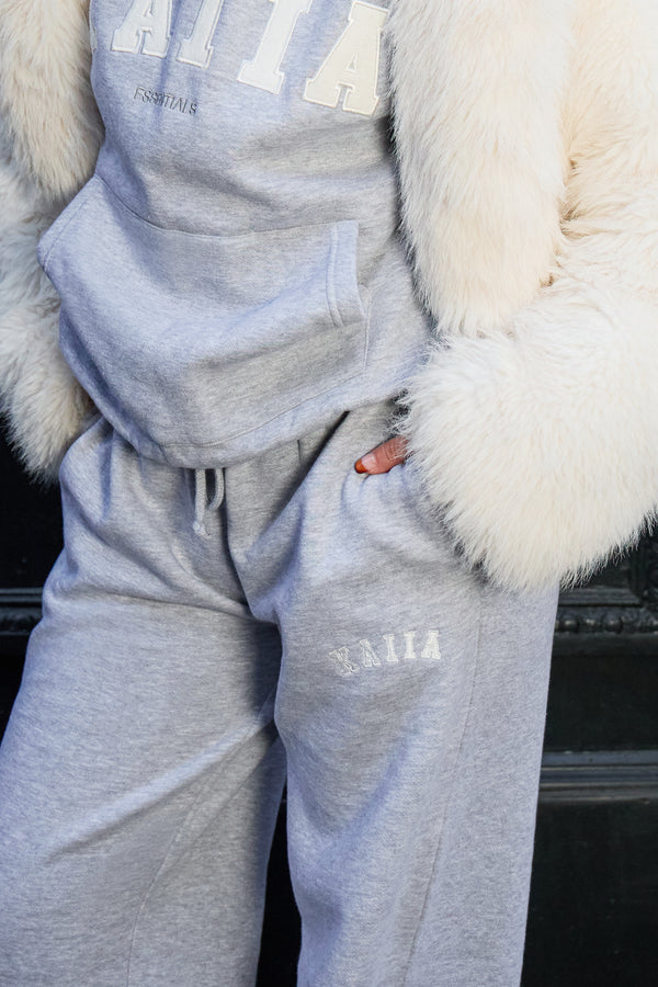 Kaiia Slogan Mid Rise Wide Leg Joggers Mid Grey Marl & Stone