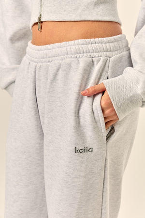 Kaiia Chrome Logo Mid Rise Wide Leg Joggers Light Grey Marl