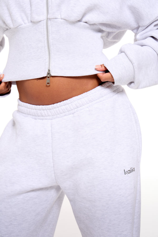 Kaiia Chrome Logo Mid Rise Wide Leg Joggers Light Grey Marl