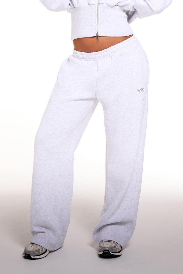 Kaiia Chrome Logo Mid Rise Wide Leg Joggers Light Grey Marl