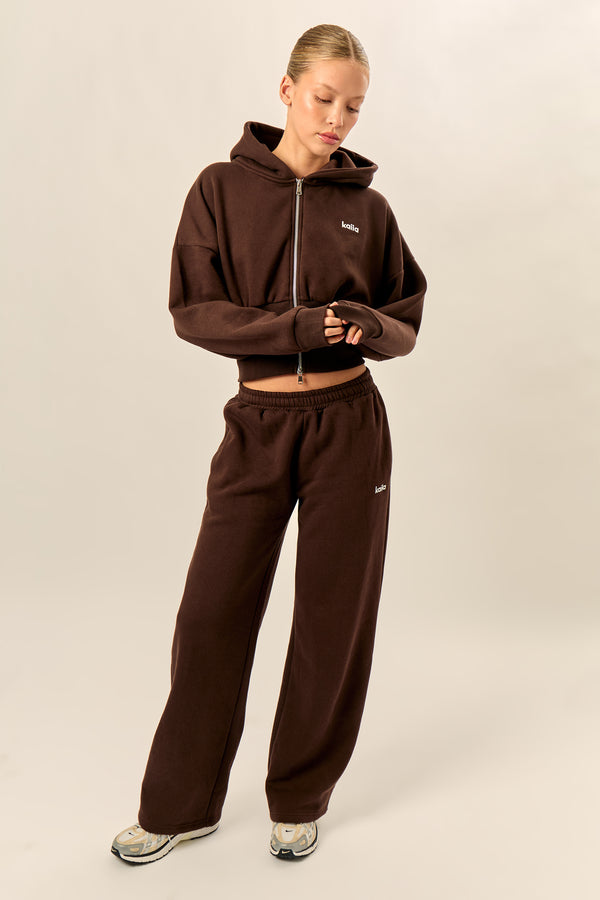 Kaiia Chrome Logo Mid Rise Wide Leg Joggers Bitter Chocolate