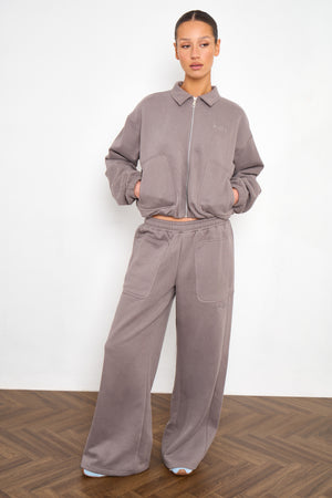 Kaiia Pocket Detail Mid Rise Wide Leg Joggers Silver Grey