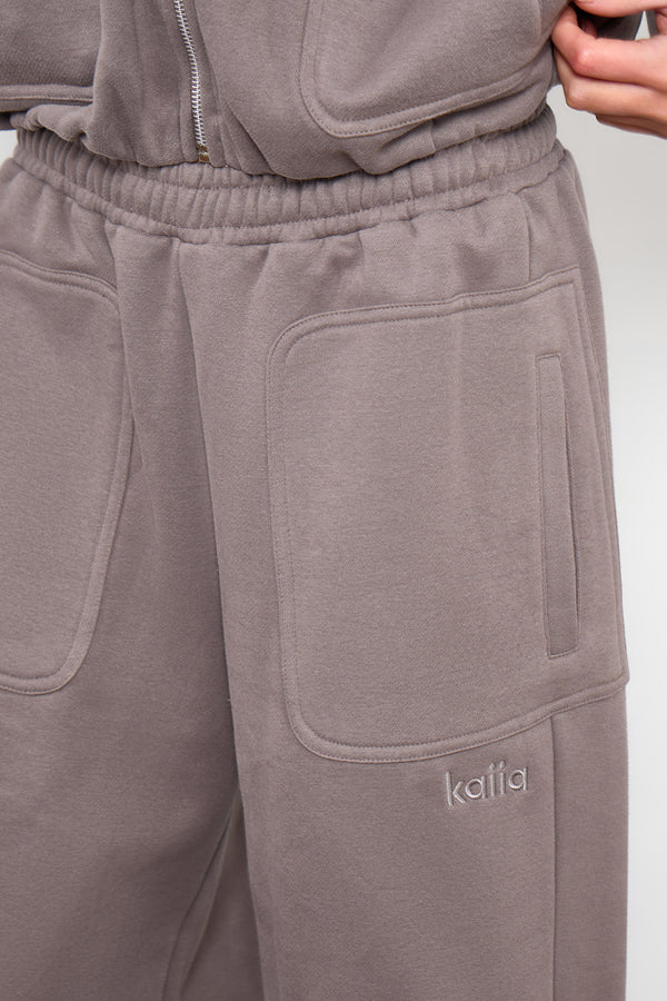 Kaiia Pocket Detail Mid Rise Wide Leg Joggers Silver Grey