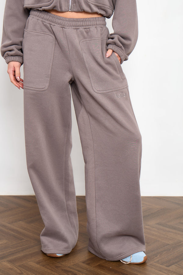 Kaiia Pocket Detail Mid Rise Wide Leg Joggers Silver Grey