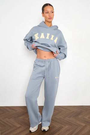 Kaiia Slogan Wide Leg Joggers Mist Grey & Yellow